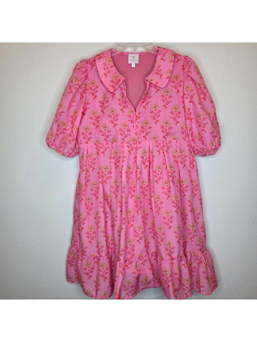 J. Marie Pink Floral Print Dress with Peter Pan Collar and Puff Sleeves Size S